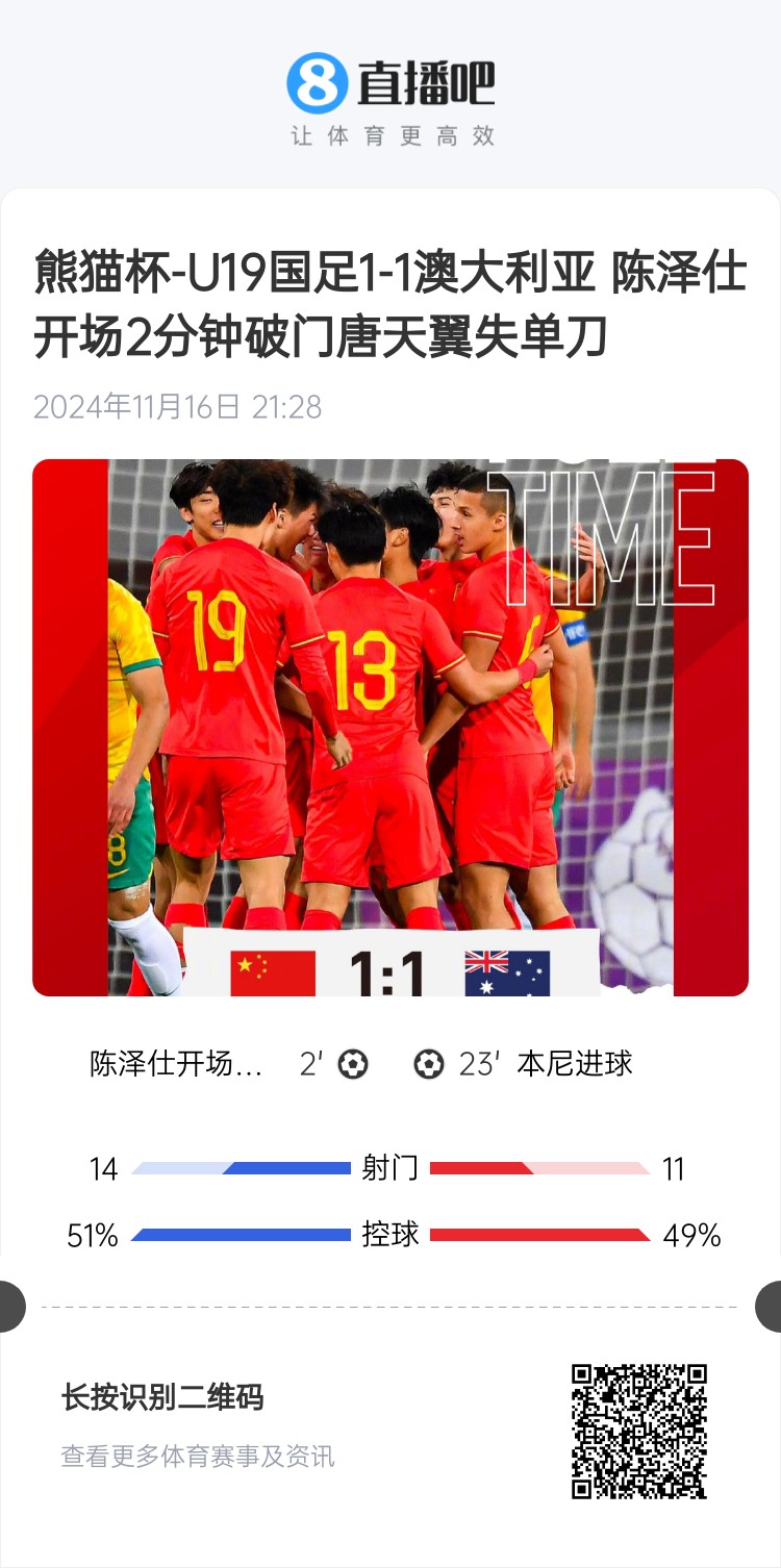  二番戰(zhàn)！U20國(guó)青與澳大利亞去年熊貓杯剛有過(guò)交手，雙方1-1戰(zhàn)平