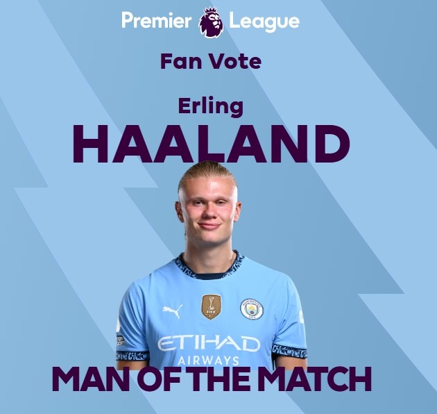  打進致勝球！英超官方：哈蘭德當選曼城1-0熱刺全場最佳球員
