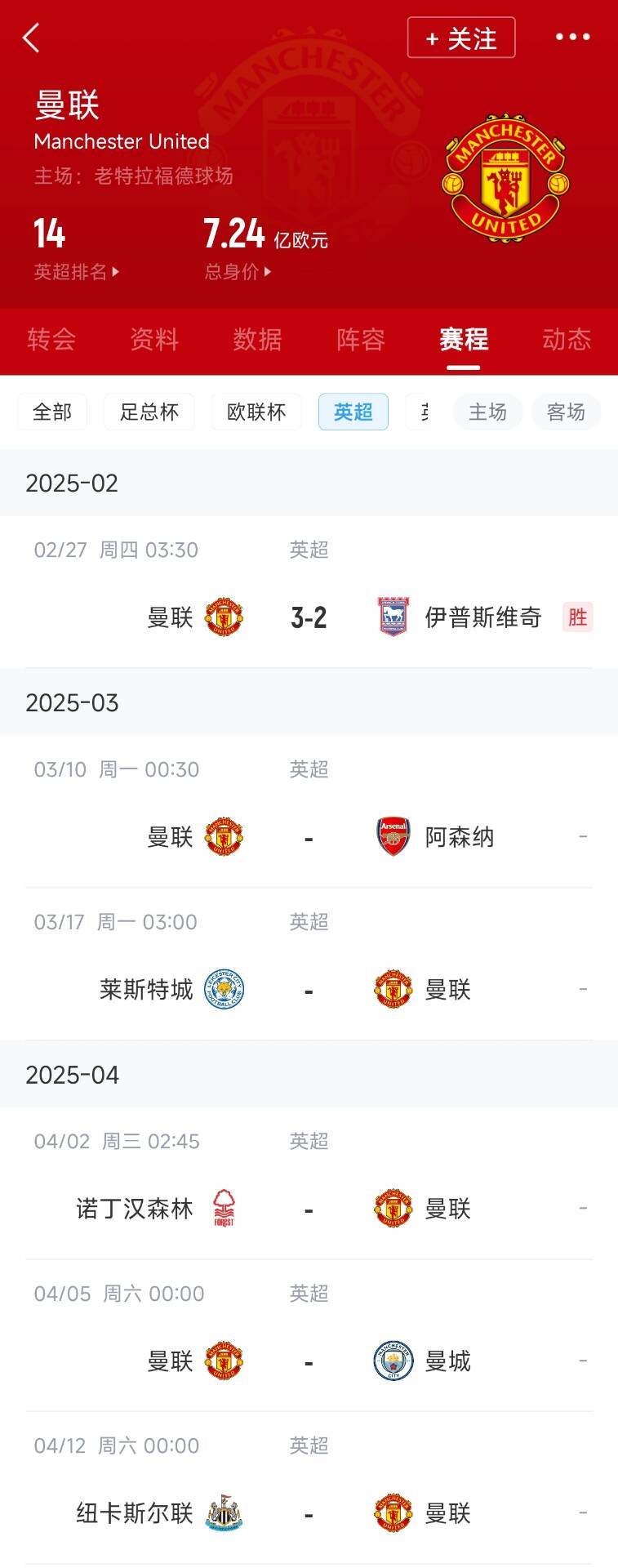  藍(lán)狐救一下？曼聯(lián)未來(lái)5輪將遭遇英超2/3/4/6名：槍手森林曼城紐卡