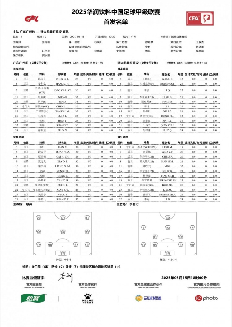  廣州豹vs延邊龍鼎首發(fā)：卡洛斯、羅薩、尼康三外援領(lǐng)銜廣州豹