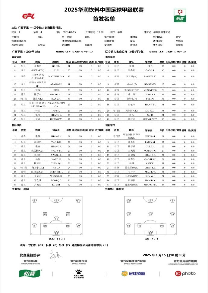  中甲-廣西平果vs遼寧鐵人首發(fā)：三外援對(duì)決三外援，安以恩出戰(zhàn)